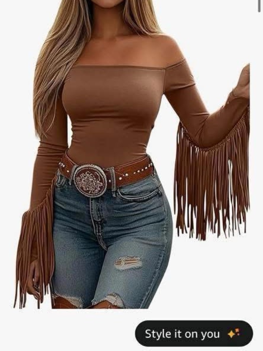 Off-Shoulder Brown Fringe Sleeve Women's Top